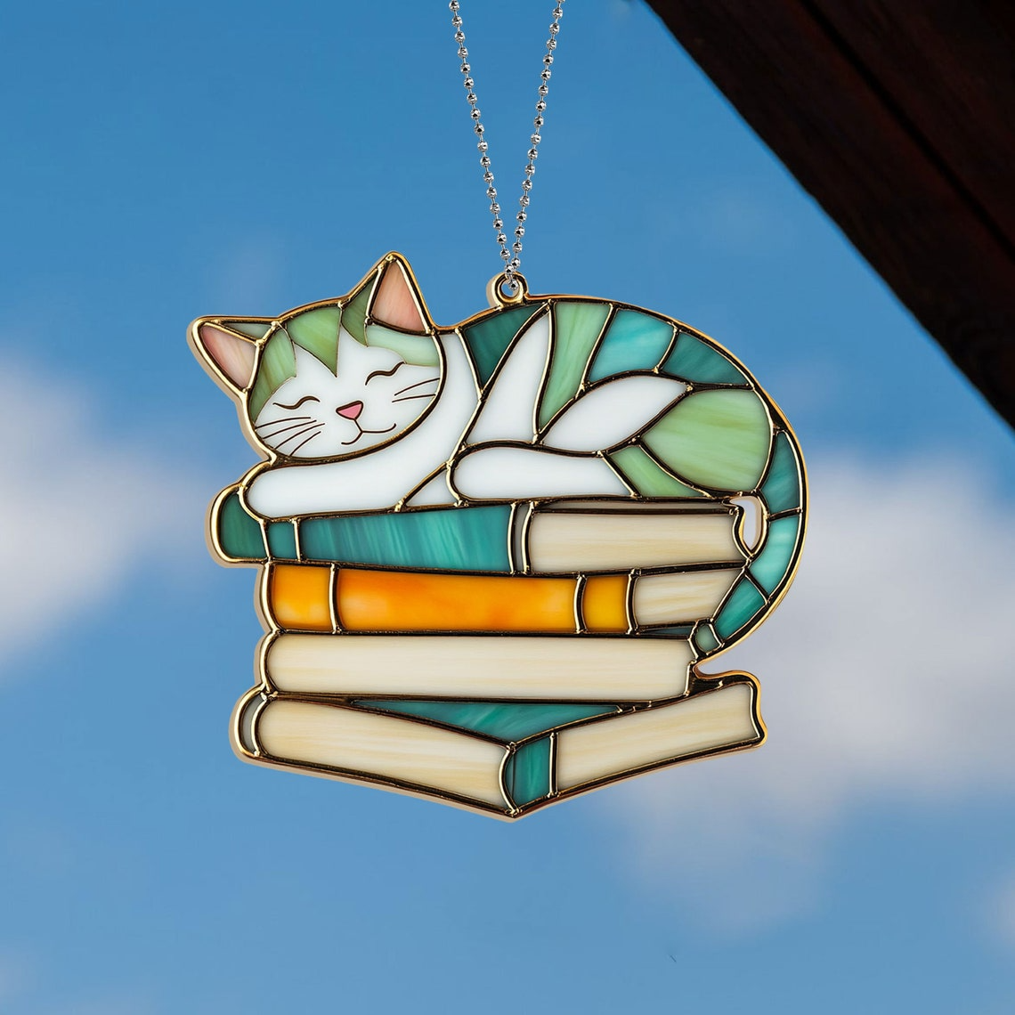 Cat Colorful Sleeping on Books Suncatcher, Cat Sleeping on Books Hanging Decor