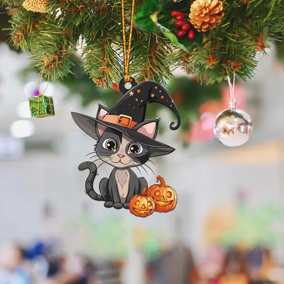 Cat Witchy And Pumpkin Hanging Halloween Ornament, Ornament Halloween Decor Holiday Gift