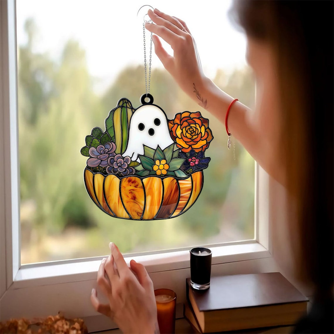 Cute Ghost Cactus Window Suncatcher, Halloween Ghost Succulent Ornament