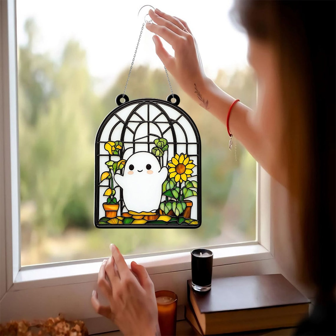 Cute Ghost and Flower Suncatcher, Cute Ghost Funny Hanging Ornament