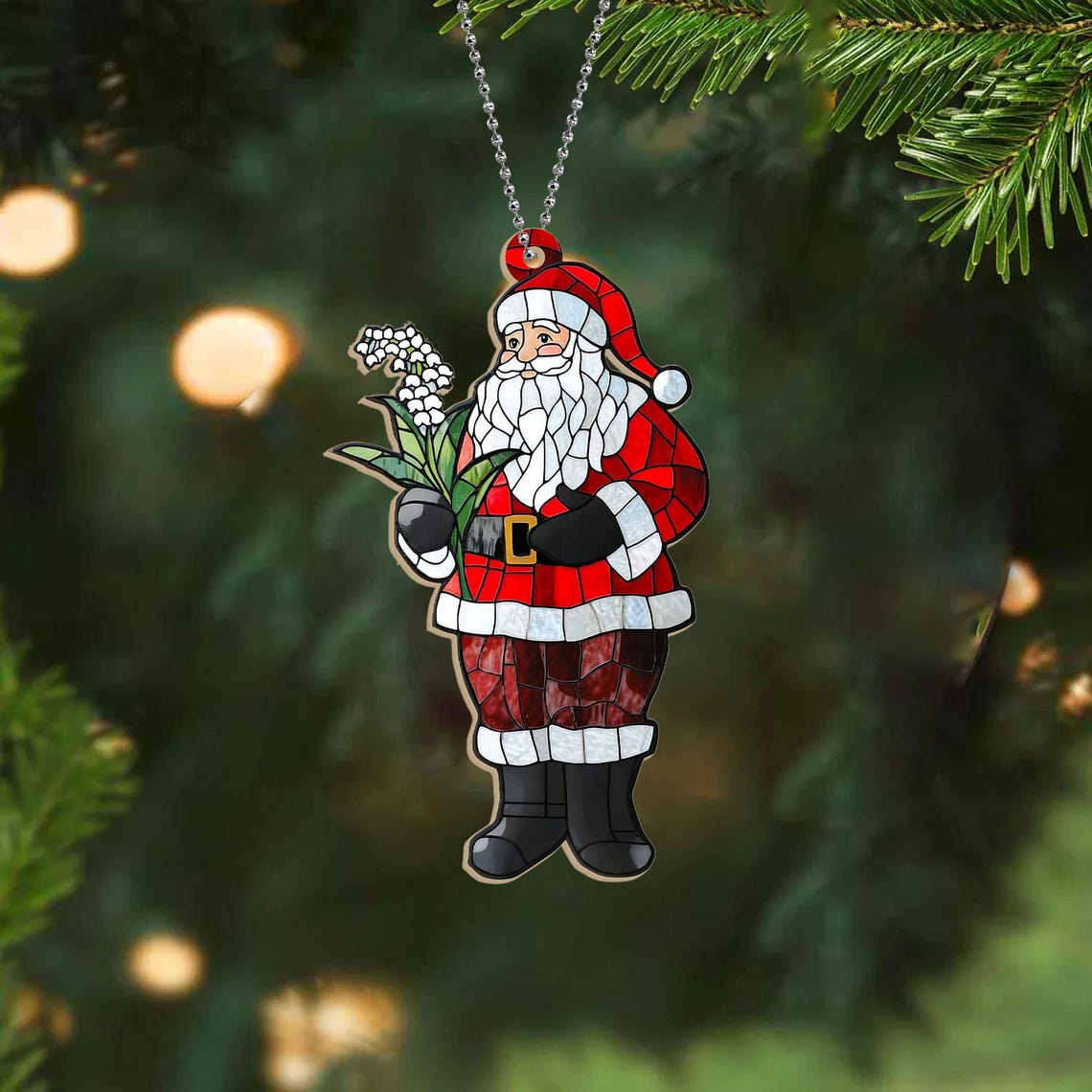 Santa Claus with Lily Of The Valley Suncatcher, Lily Of The Valley Suncatcher Ornament Gift