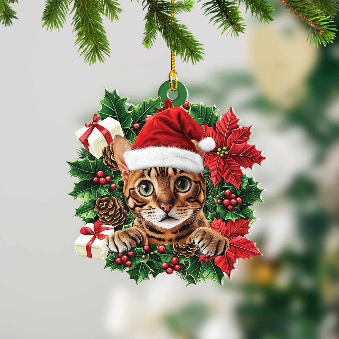 Bengal Cat Hanging Christmas Wreath Ornament, Cute Cat Car Christmas Ornament Holiday Decor