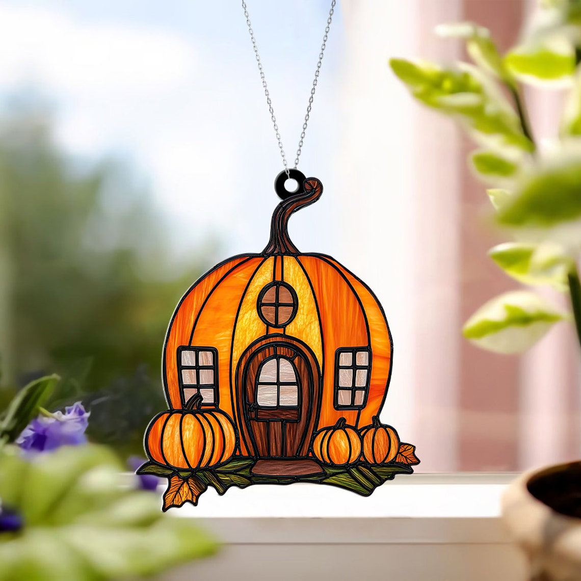 Pumpkin House Suncatcher, Pumpkin House Hanging Ornament Decor