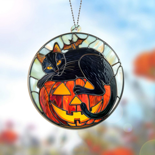 Cat and Bat on The Pumpkin Halloween Suncatcher, Cat Pumpkin Hanging Ornament