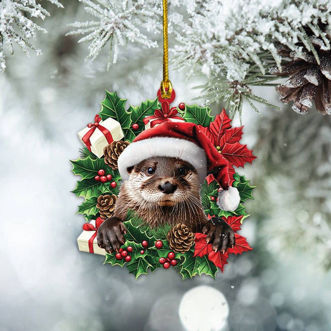 Otter Hanging Christmas Wreath Ornament, Unique Otter Car Christmas Ornament Decor Gift