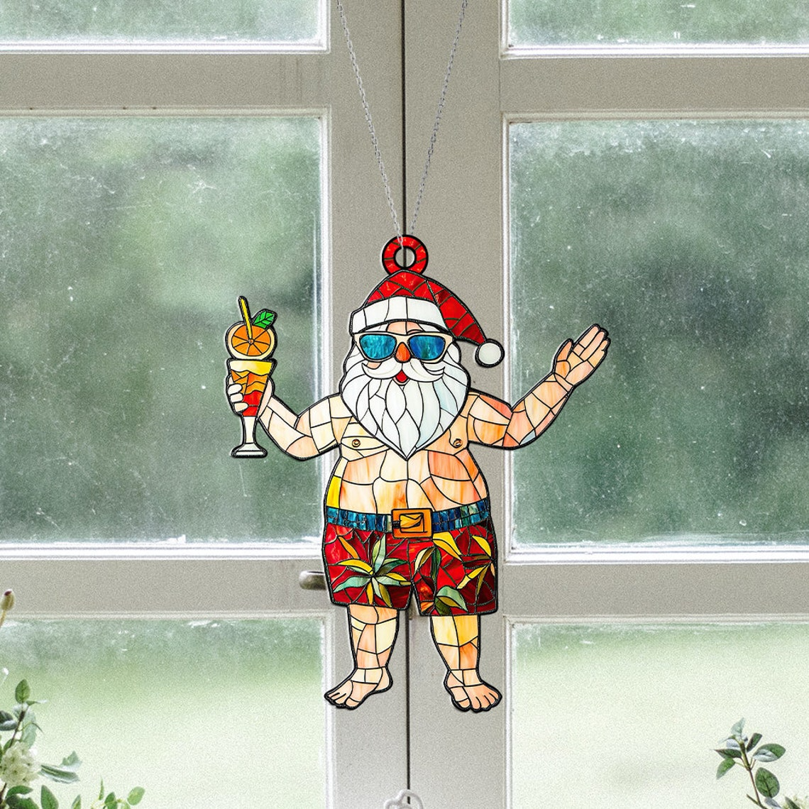 Hawaii Santa Claus with Drink Christmas Suncatcher, Funny Santa Claus Ornament Decor Home