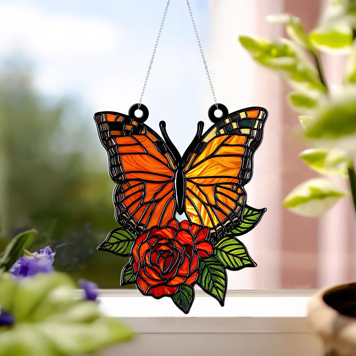 Unique Rose Butterfly Suncatcher Ornament, Flower Acrylic Window Hanging Ornament Decor