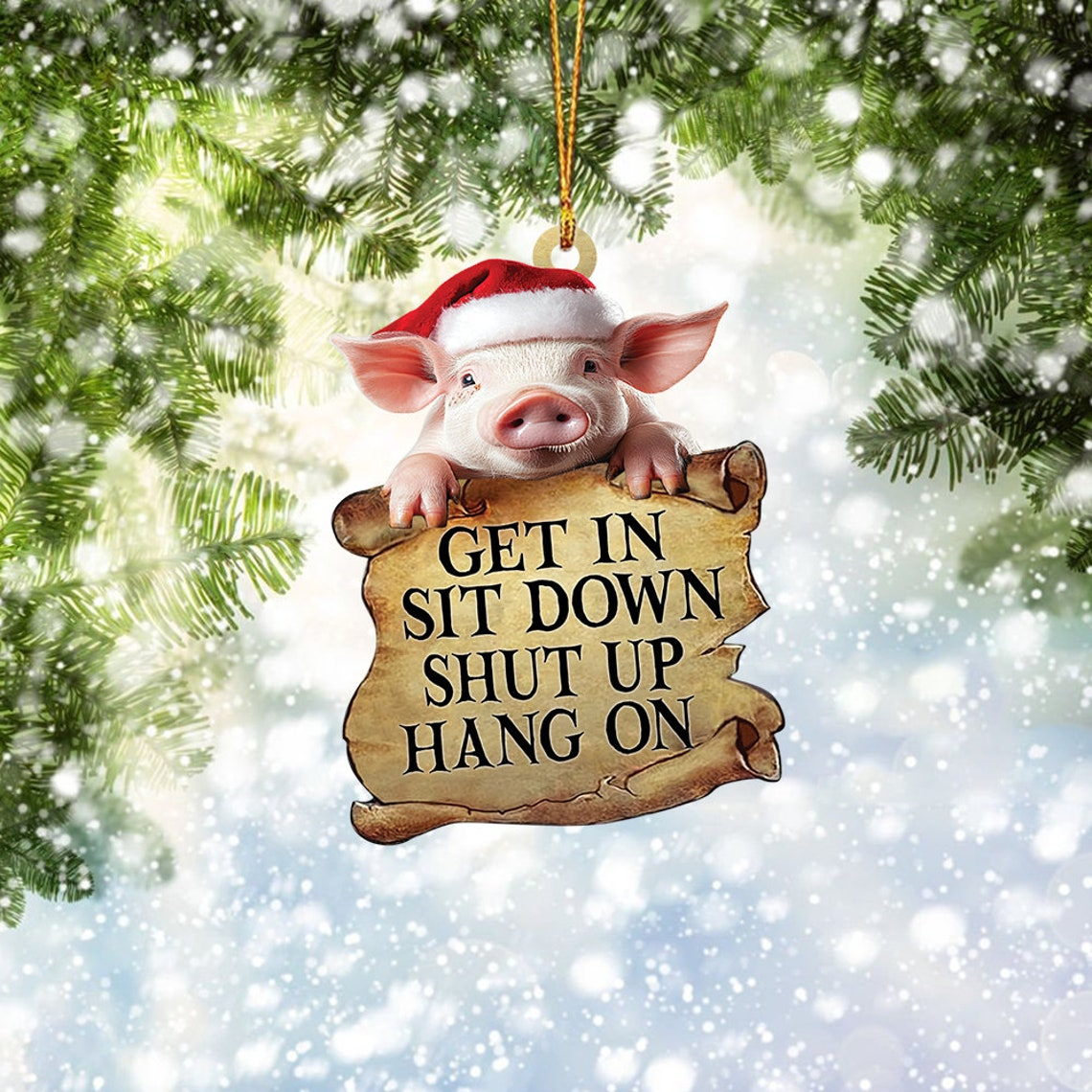 Cute Pig Get In Sit Down Shut Up Hang On Ornament, Pig Flat Car Hanging Christmas Ornament Decor