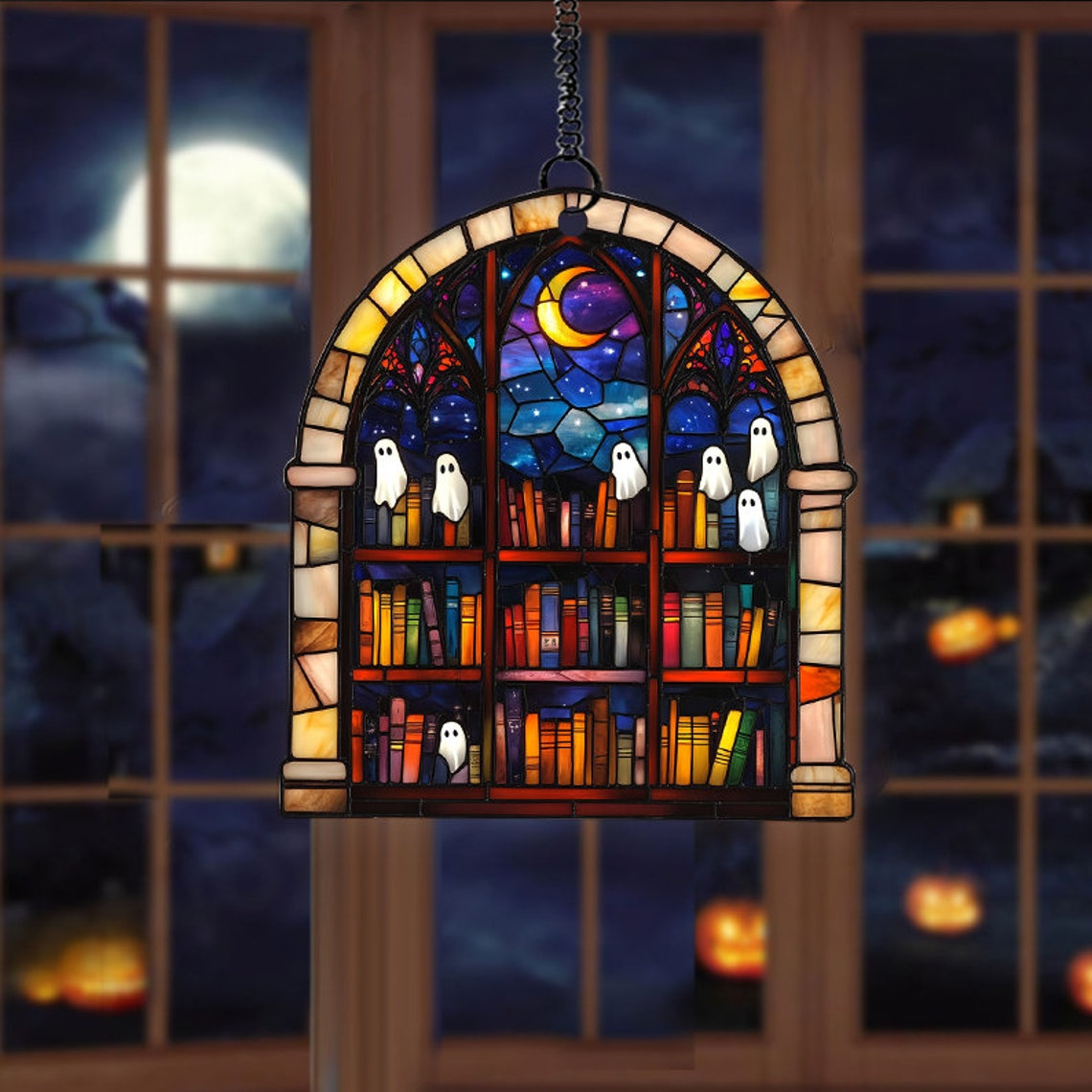 Halloween Ghosts in Haunted Library Suncatcher, Vintage Ghost Hanging Ornament Decor