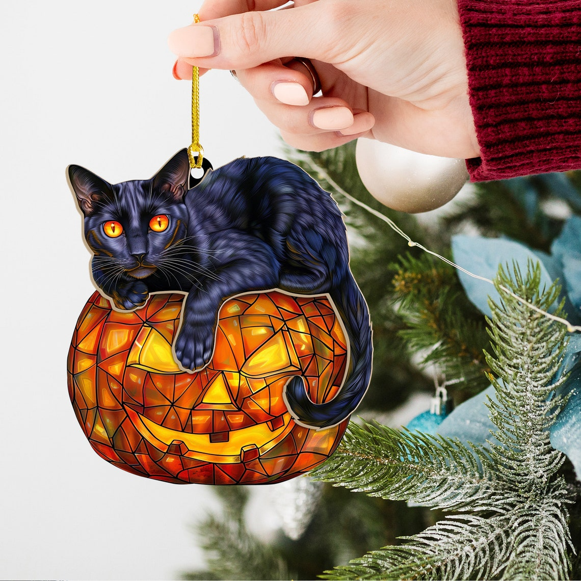 Cat Lying on the Pumpkin Halloween Hanging Suncatcher, Halloween Cute Cat Pumpkin Ornament