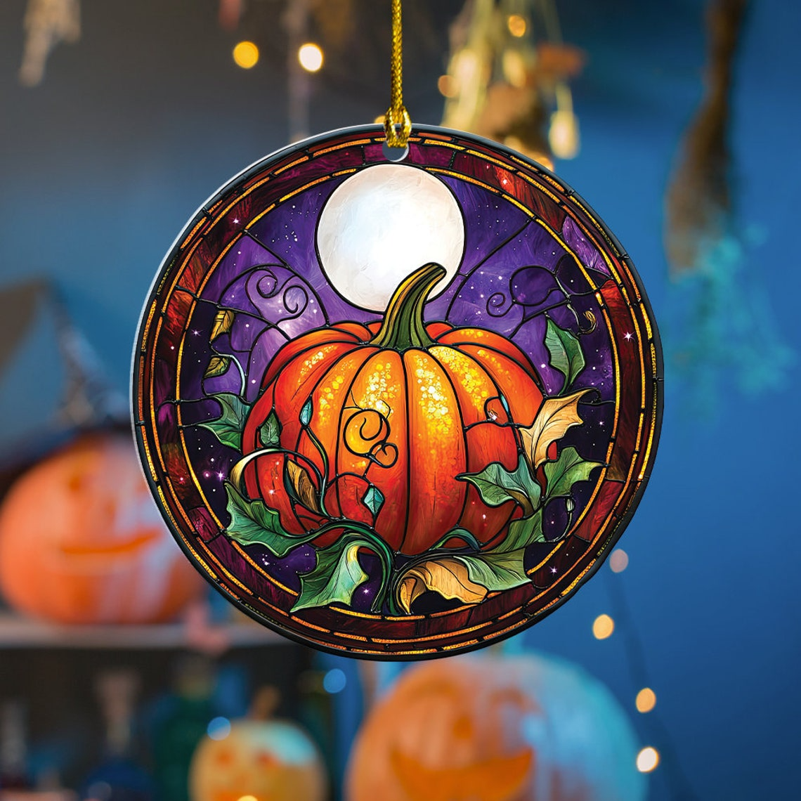 Pumpkin on the Moon Circle Suncatcher, Halloween Pumpkin Home Decor