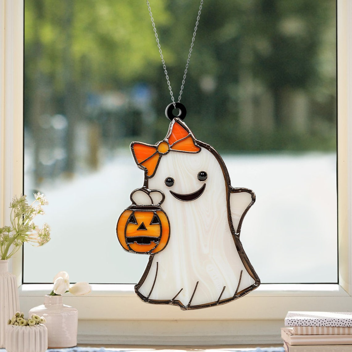 Ghost Laugh and Pumpkin Halloween Suncatcher, Ghost Hanging Window Ornament