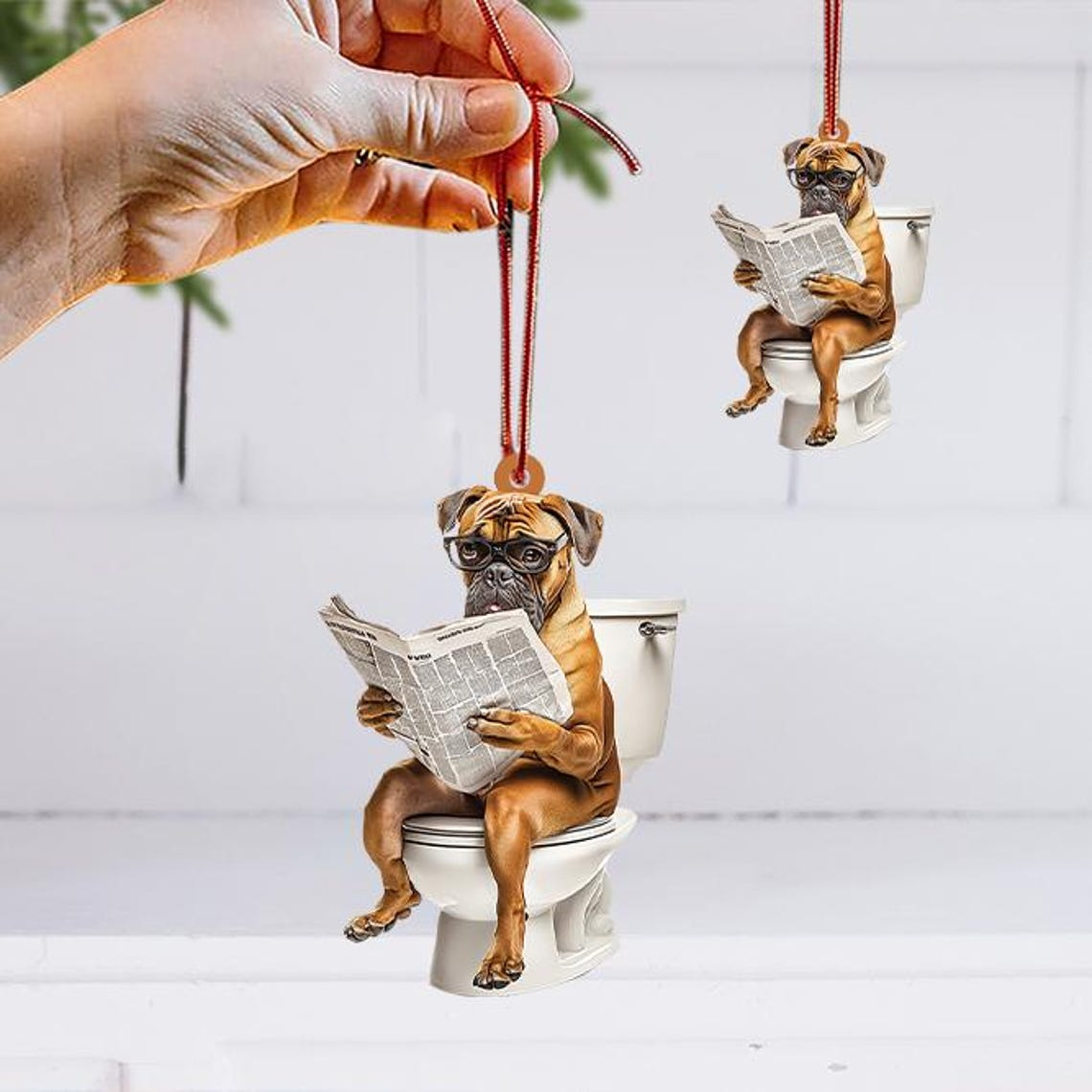 Funny Boxer Dog Sitting On Toilet Ornament, Boxer Dog Reading Newspaper Ornament Decor