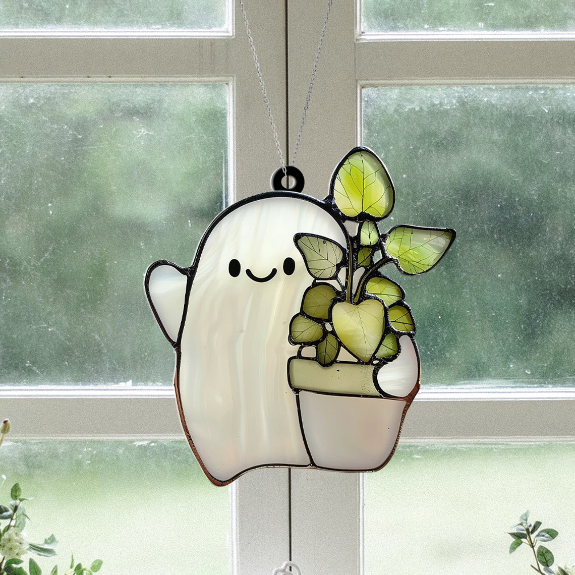 Ghost Plant Hanging Window Suncatcher Decor, Halloween Cute Ghost Hug Planter Ornament