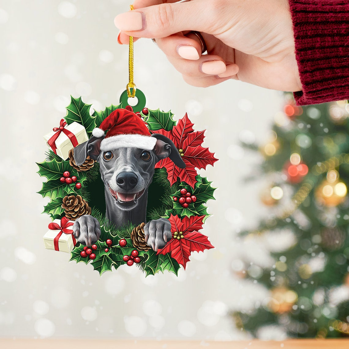 Greyhound Dog Christmas Wreath Ornament, Greyhound Dog Christmas Tree Ornament