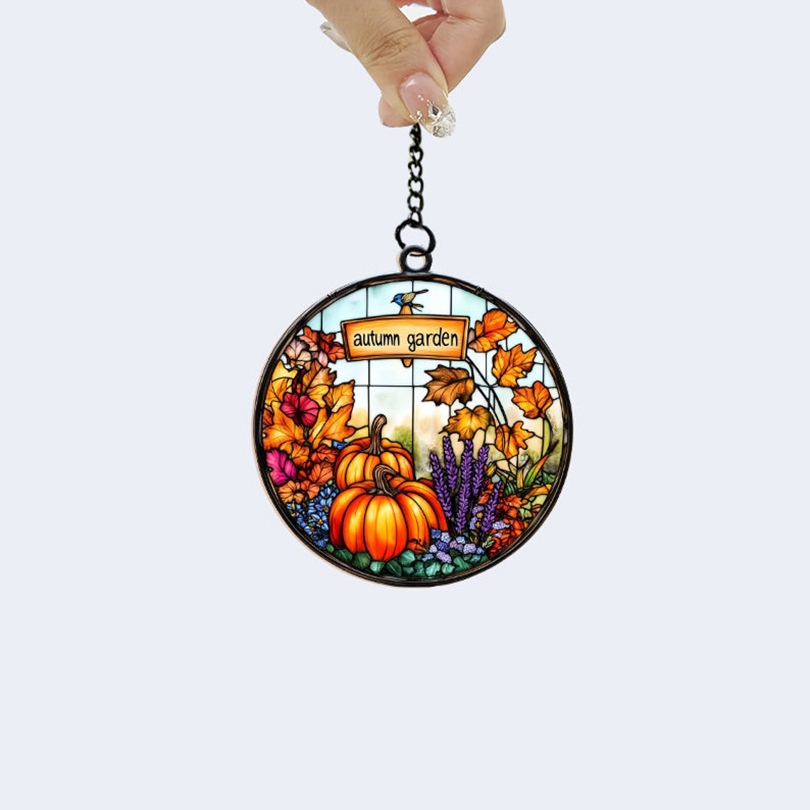 Autumn Pumpkin and Flower Garden Suncatcher, Pumpkin Halloween Ornament