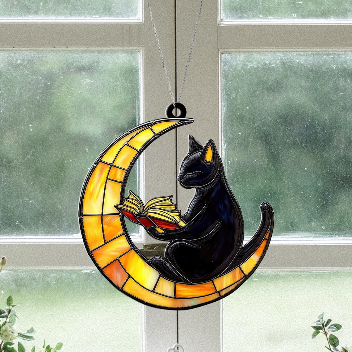 Cat Reading Books on The Moon Suncatcher, Cat on The Moon Hanging Decor