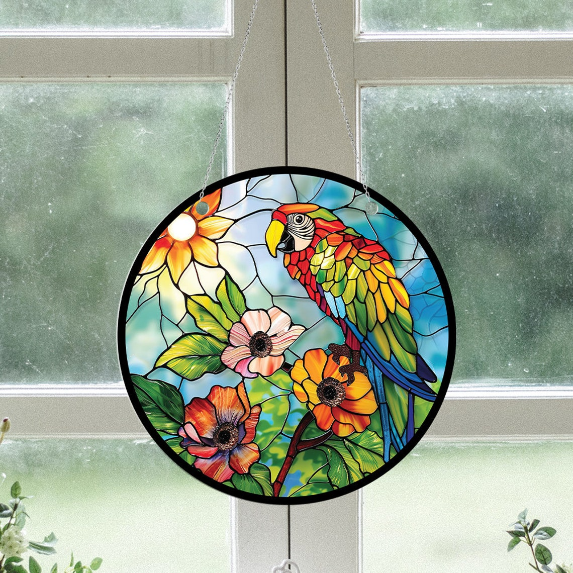 Parrot and Flower Suncatcher Ornament, Parrot Floral Window Hanging Ornament Decor