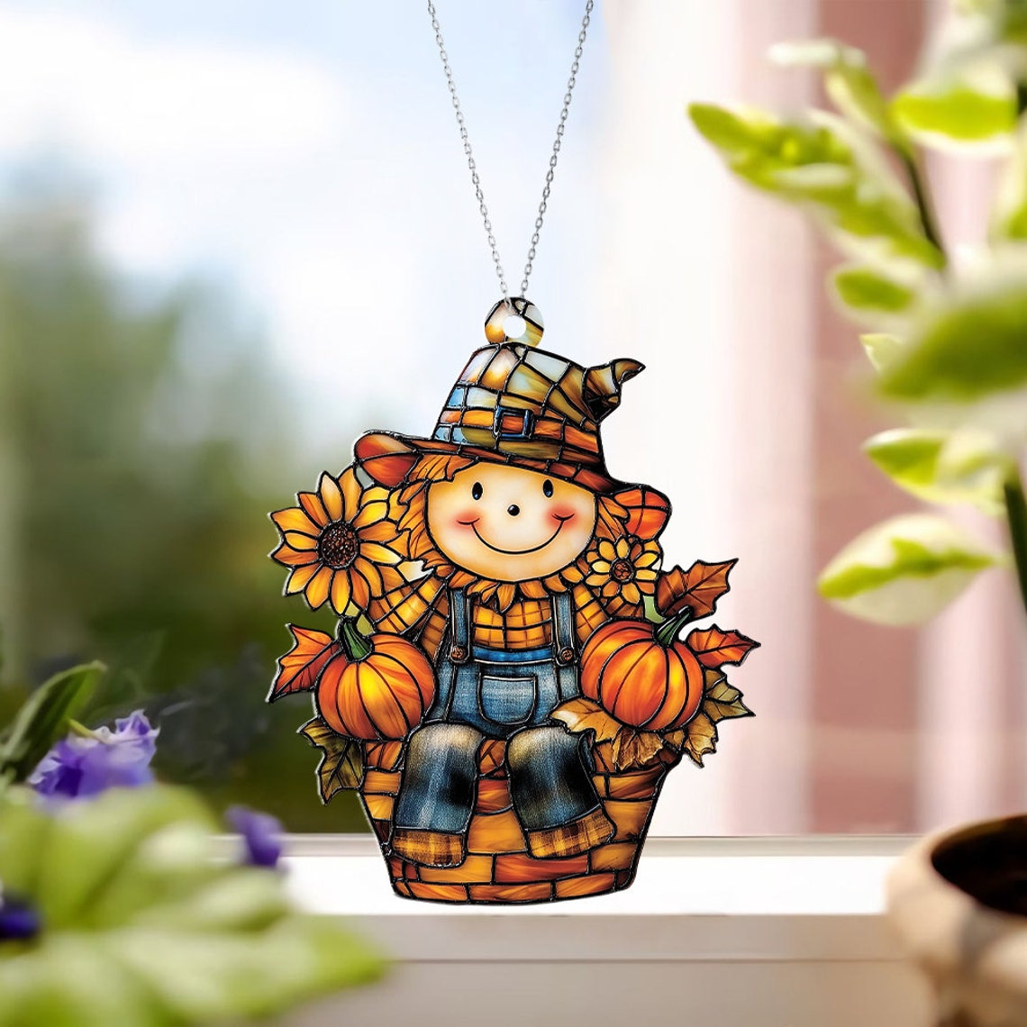 Scarecrow Suncatcher, Scarecrow Pumpkin Flower Suncatcher Ornament