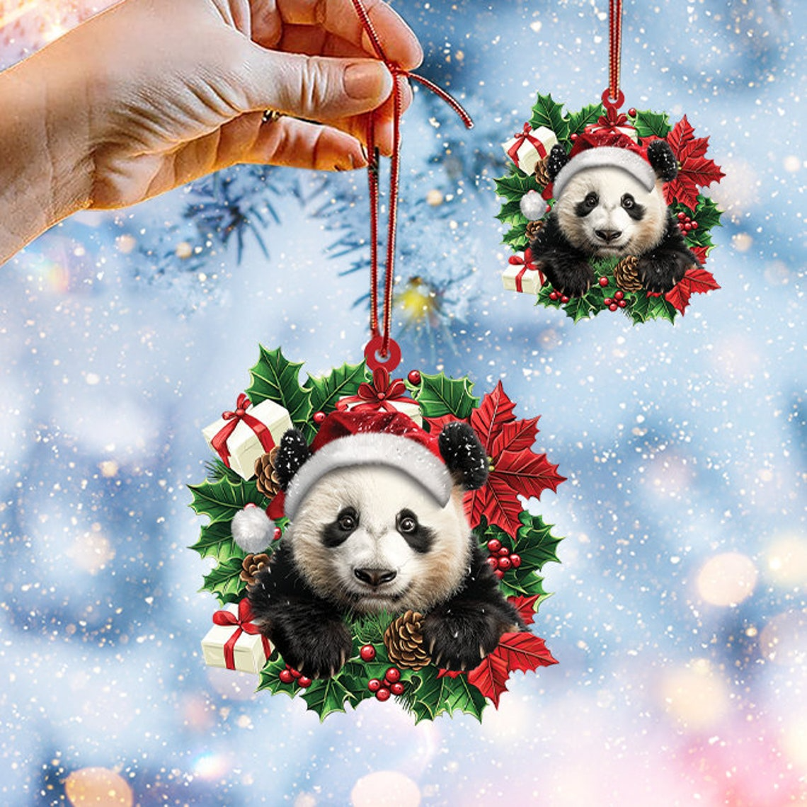 Panda Hanging Christmas Wreath Ornament, Panda Rearview Mirror Car Ornament Decor Gift