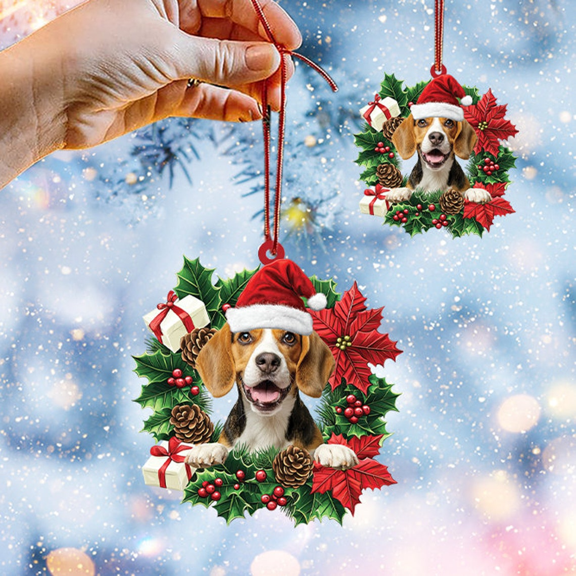 Beagle Dog Christmas Wreath Ornament, Cute Beagle Dog Christmas Tree Decor Ornament