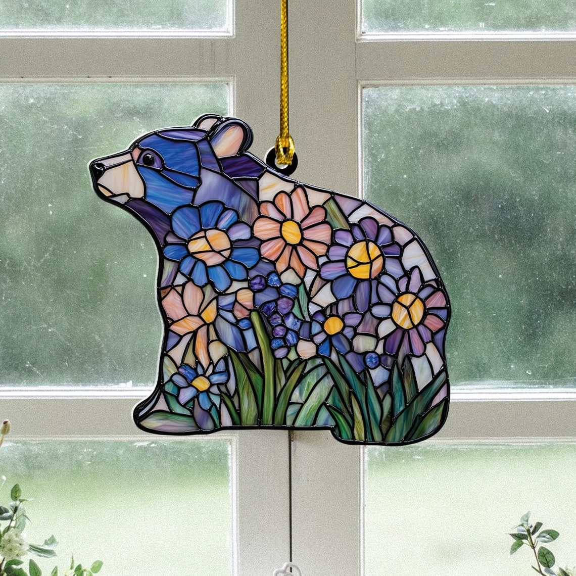 Bear Flower Suncatcher Ornament, Bear Flower Sun Light Catcher Decor