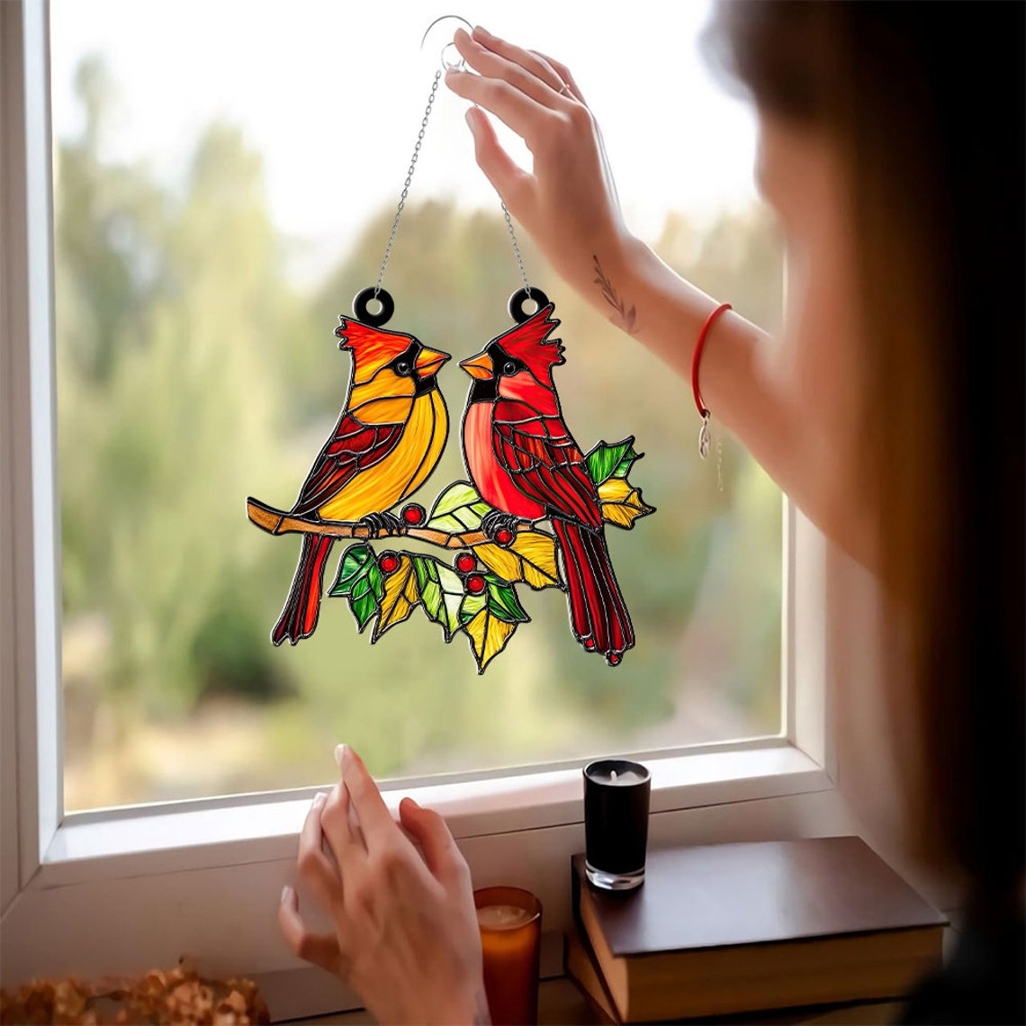 Cardinals Couple Suncatcher Ornament, Cardinals Christmas Ornament