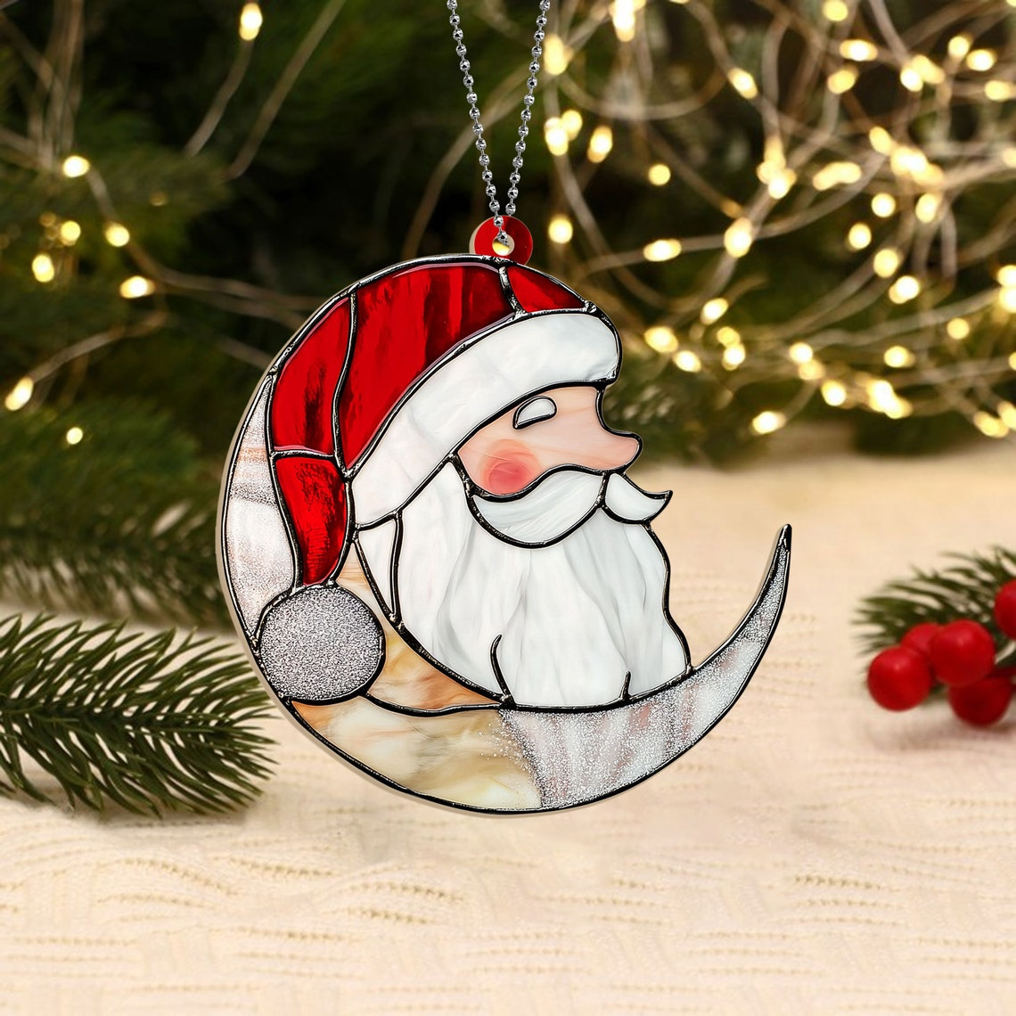 Santa Face on the Moon Suncatcher Ornament, Santa Claus Hanging Christmas Ornament