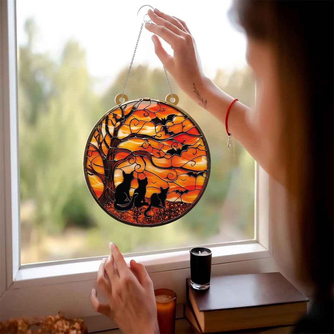 Cats in The Night Halloween Suncatcher Ornament, Halloween Cat Pumpkin Ornament