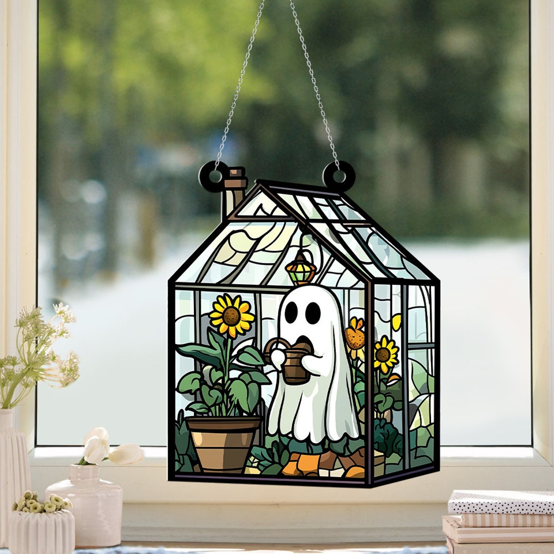 Cute Ghost Hanging Suncatcher Ornament, Ghost Greenhouse Home Decor