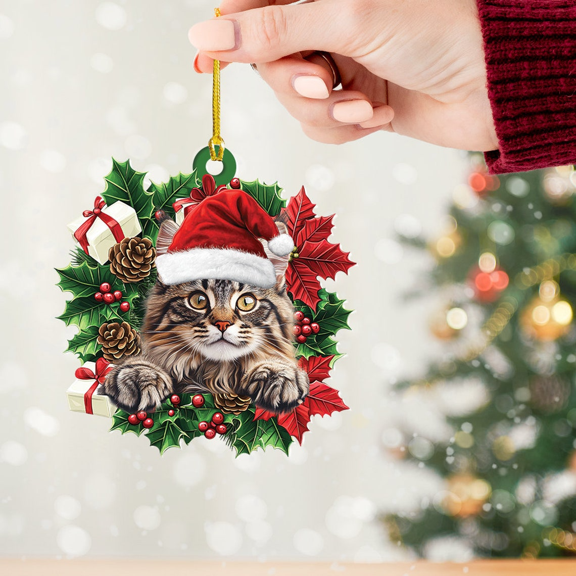 Maine Coon Cat Christmas Wreath Ornament, Maine Coon Cat Christmas Ornament Decor Holiday