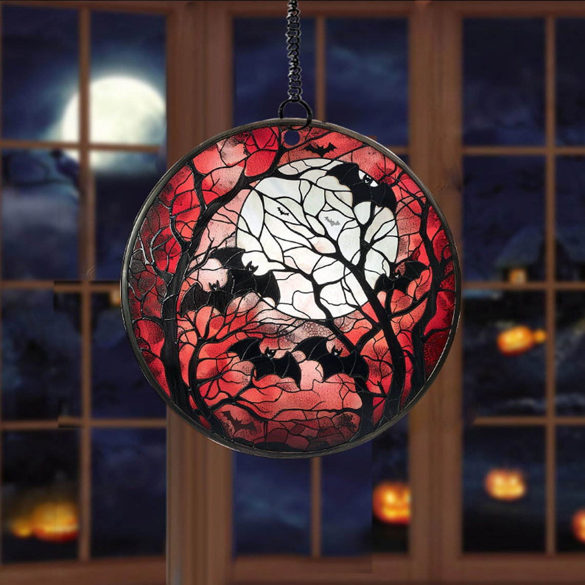 Bat And Moon with Red Sky Halloween Suncatcher, Halloween in the Night Moon Ornament