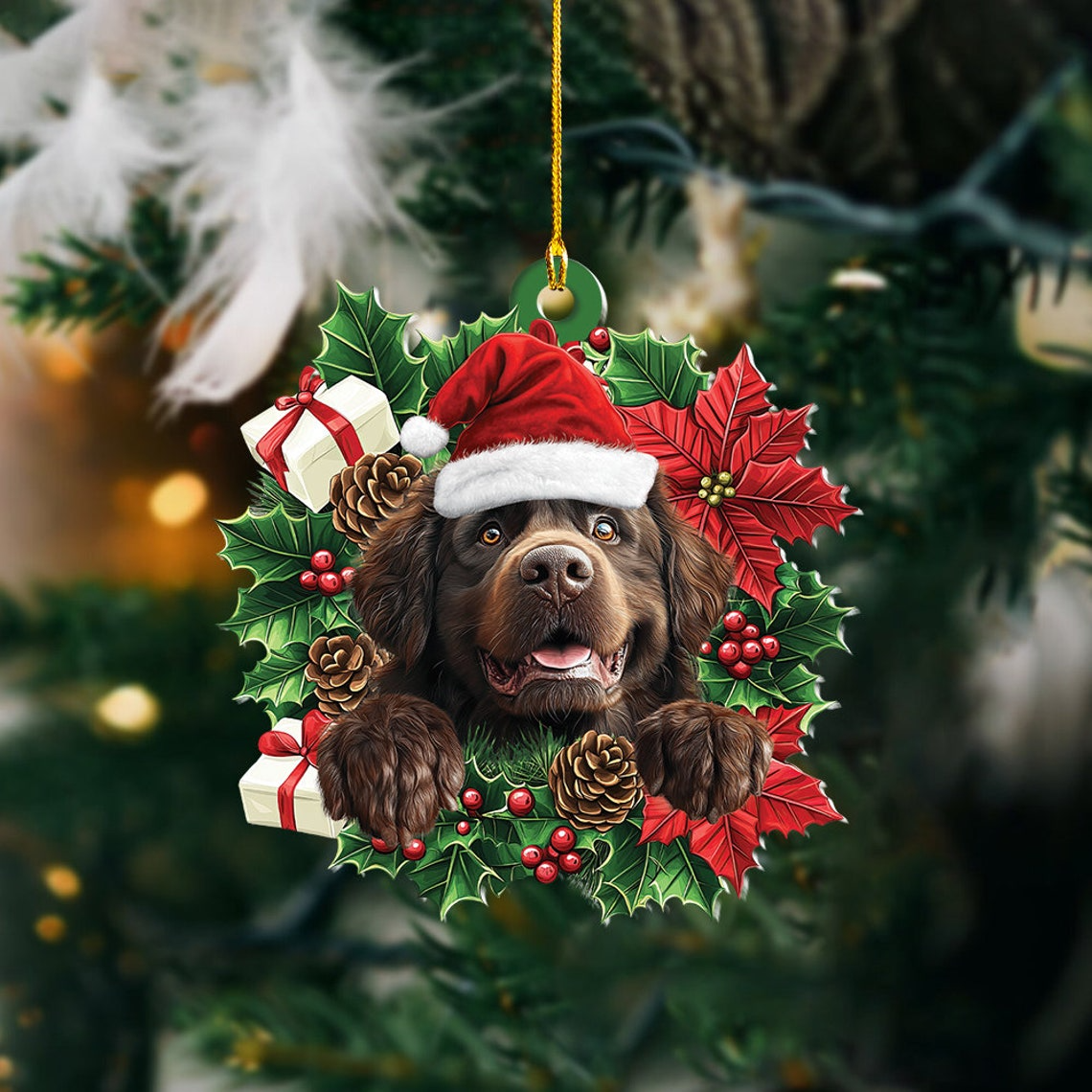 Newfoundland Dog Christmas Wreath Ornament, Newfoundland Dog Christmas Ornament Decor