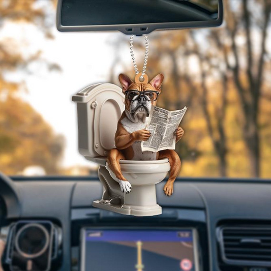 Funny Bulldog Sitting On Toilet Ornament, Bulldog Reading Newspaper Christmas Ornament