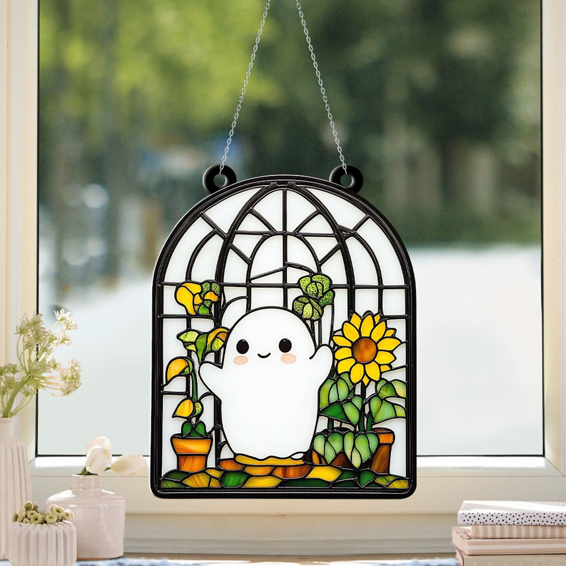 Cute Ghost and Flower Suncatcher, Cute Ghost Funny Hanging Ornament