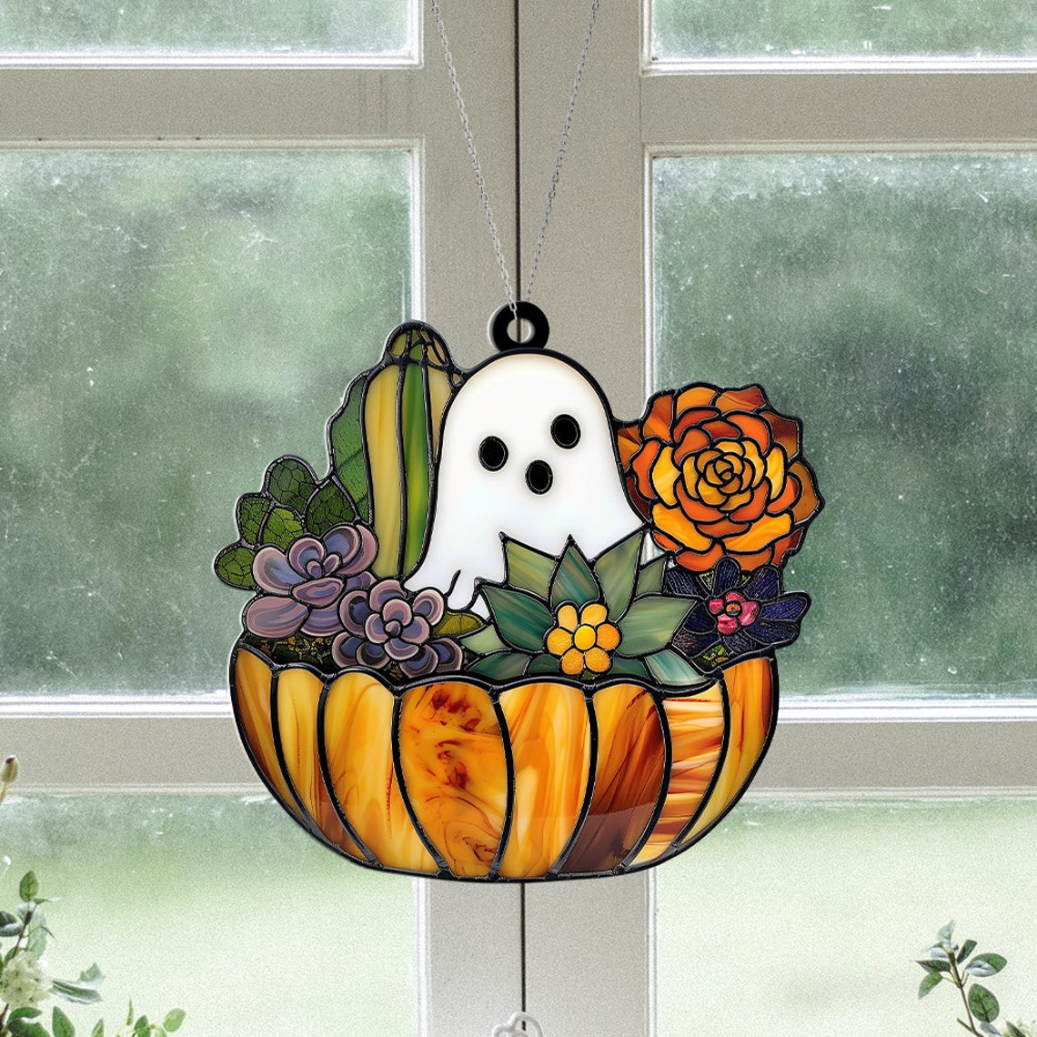 Cute Ghost Cactus Window Suncatcher, Halloween Ghost Succulent Ornament