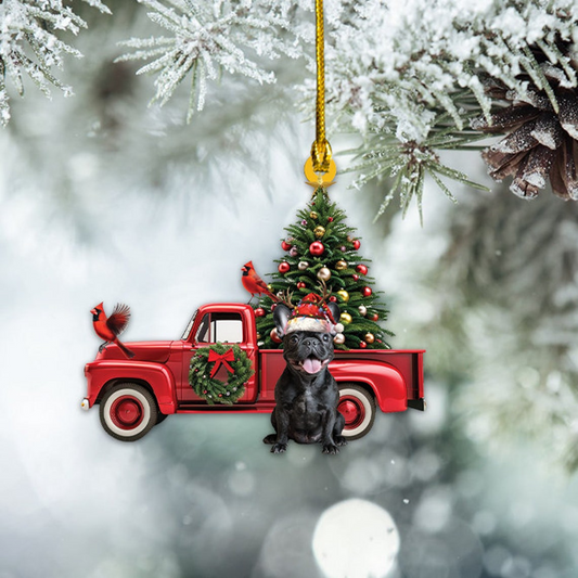 French Bulldog Dog Red Truck Christmas Ornament, French Bulldog Rearview Mirror Car Ornament