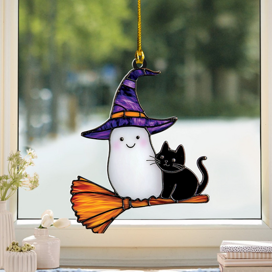 Cute Ghost and Cat Riding Broomstick Halloween Suncatcher, Window Hanging Decor