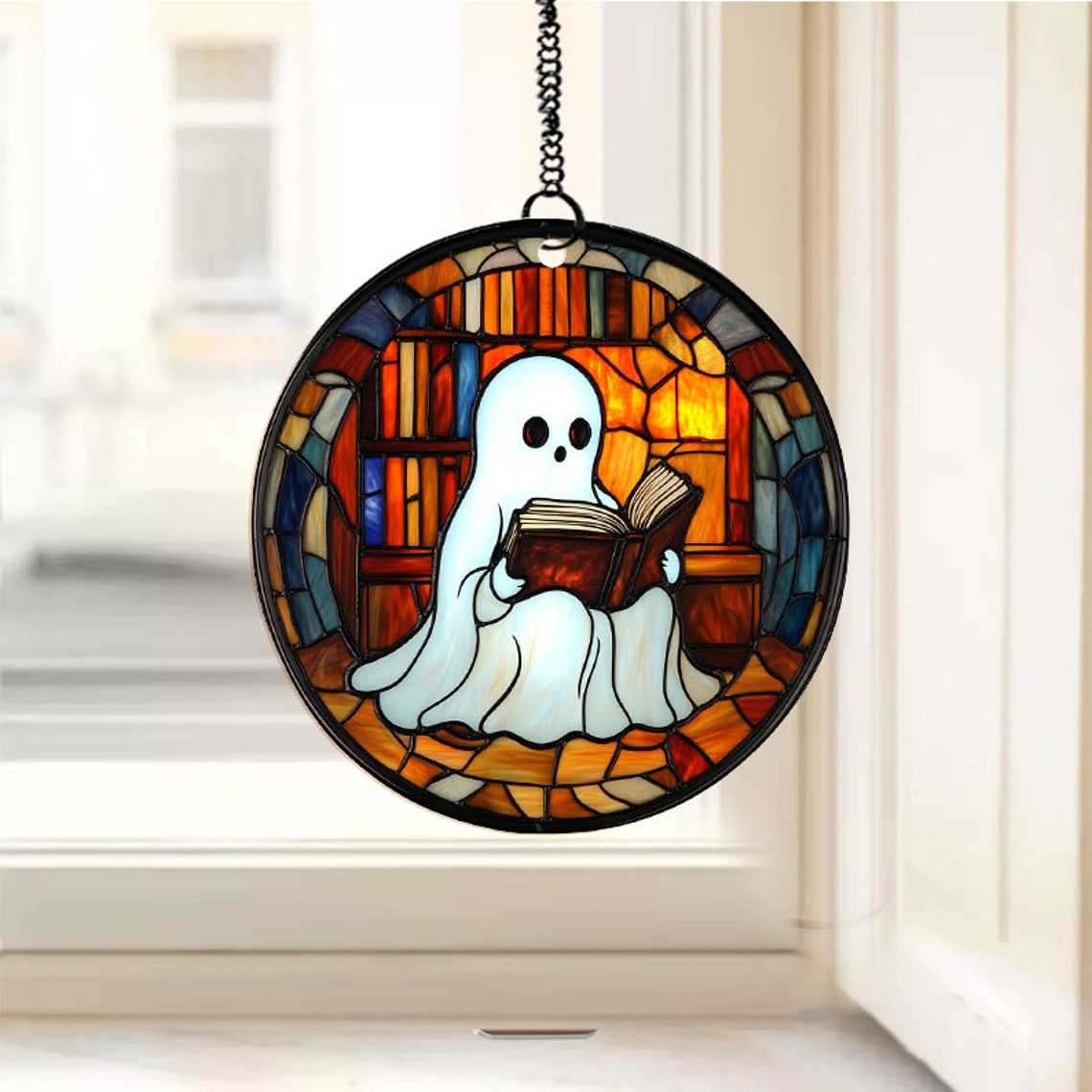 Ghost Reading Book at the Library Suncatcher, Ghost Hanging Ornament Home Decor