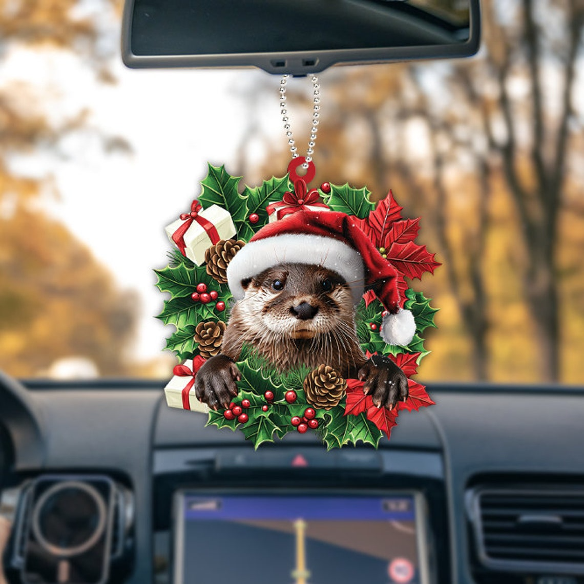 Otter Hanging Christmas Wreath Ornament, Unique Otter Car Christmas Ornament Decor Gift