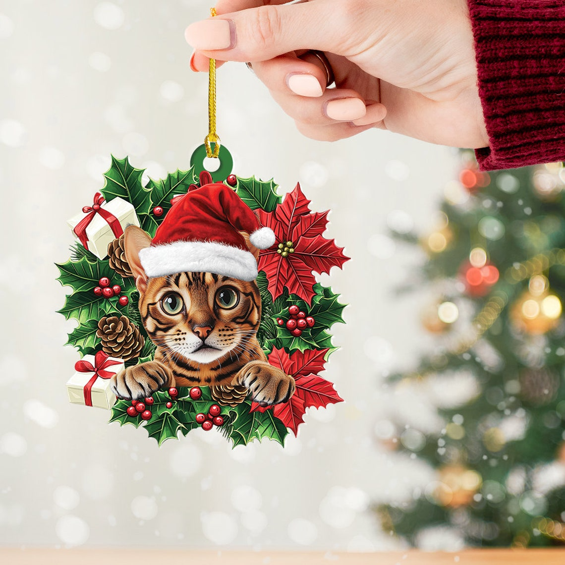 Bengal Cat Hanging Christmas Wreath Ornament, Cute Cat Car Christmas Ornament Holiday Decor