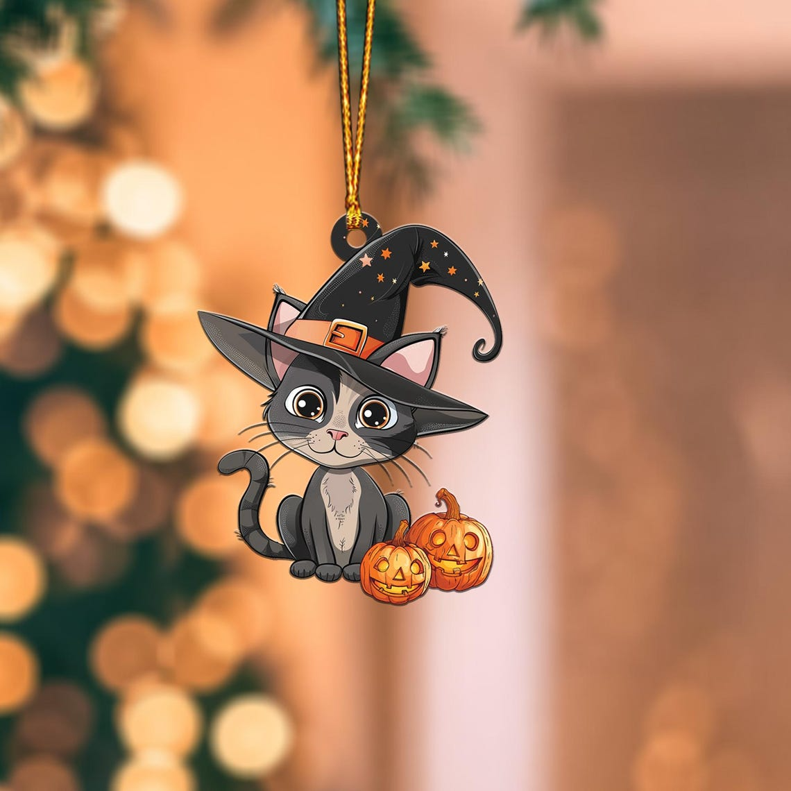 Cat Witchy And Pumpkin Hanging Halloween Ornament, Ornament Halloween Decor Holiday Gift