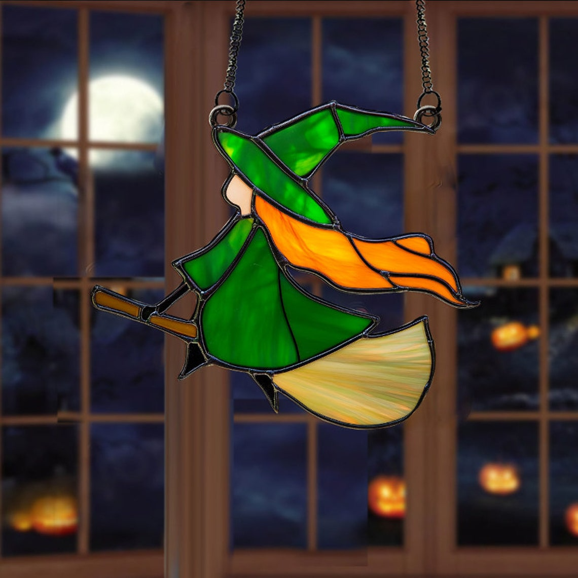 Little Witch Riding Broomstick Suncatcher, Halloween Witch Window Hanging Decor