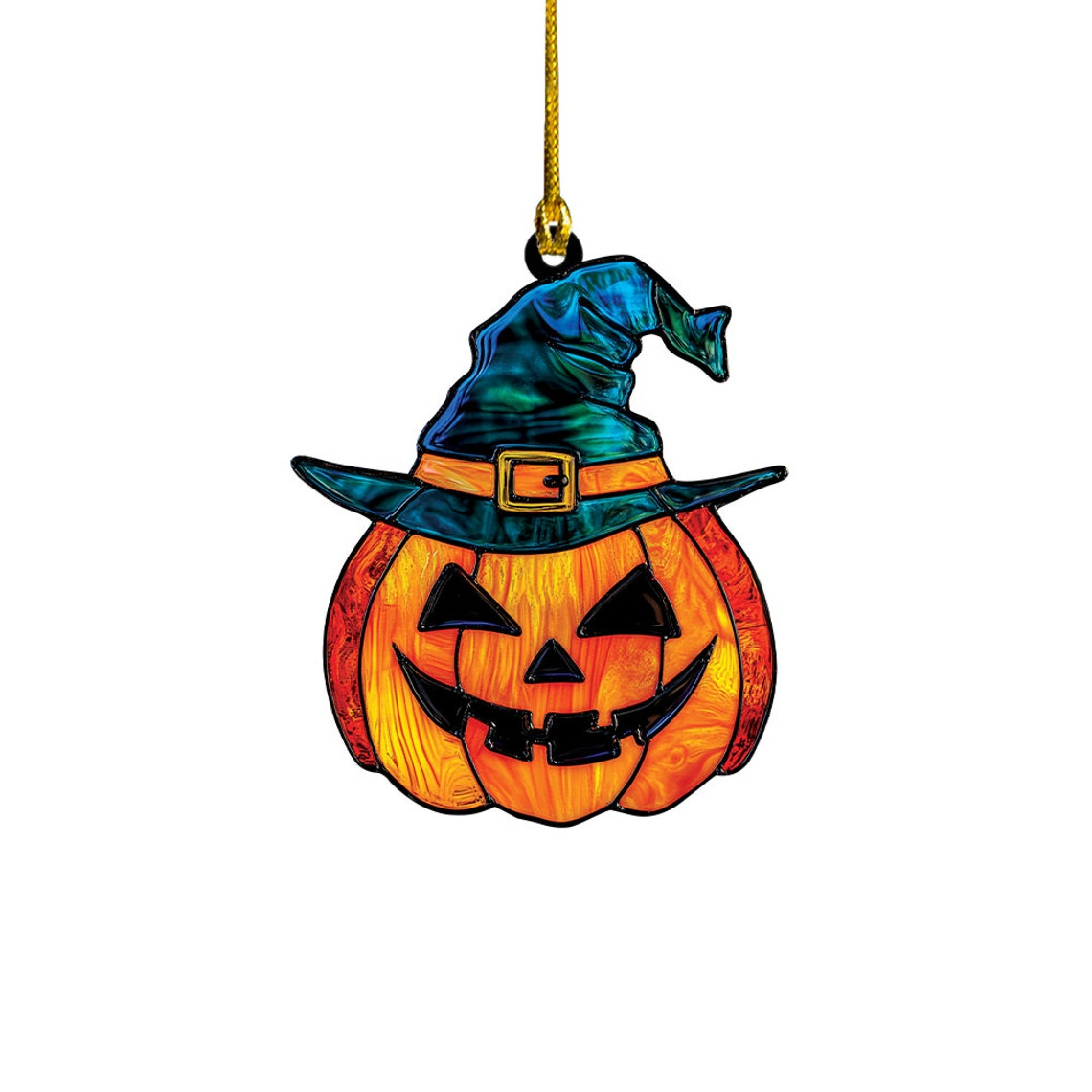 Pumpkin Wearing Witch's Hat Halloween Suncatcher, Pumpkin Window Hanging Ornament Decor