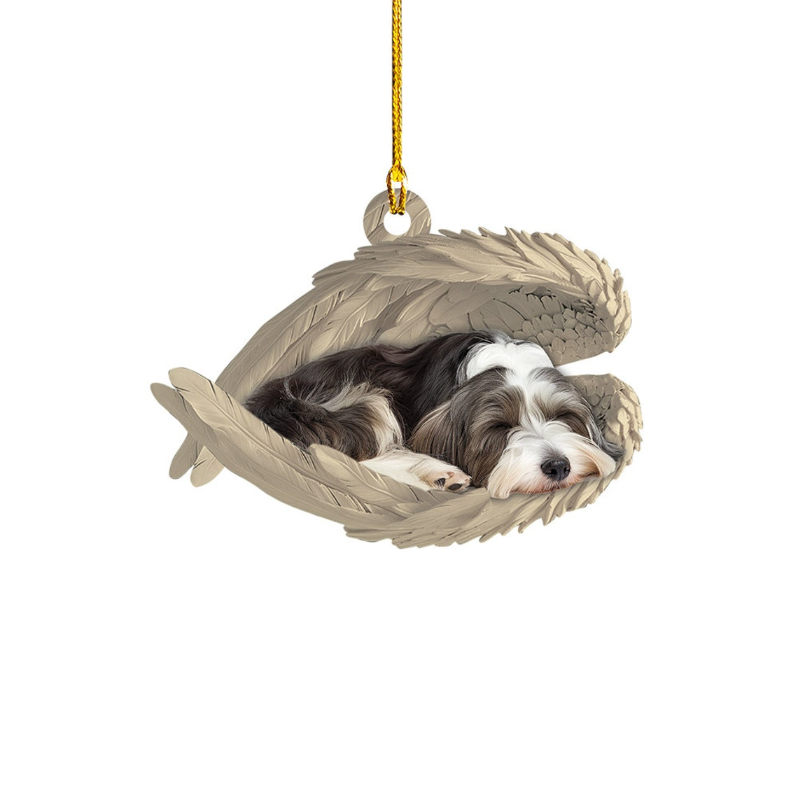 Bearded Collie Dog Sleeping Angel Wings Ornament, Beardie Dog Hanging Christmas Ornament Decor