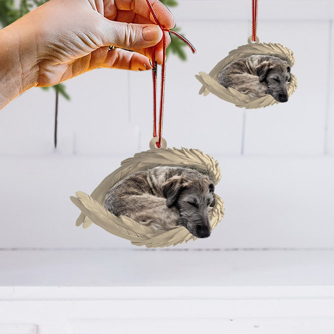 Irish Wolfhound Dog Sleeping Angel Wings Ornament, Irish Wolfhound Dog Christmas Ornament