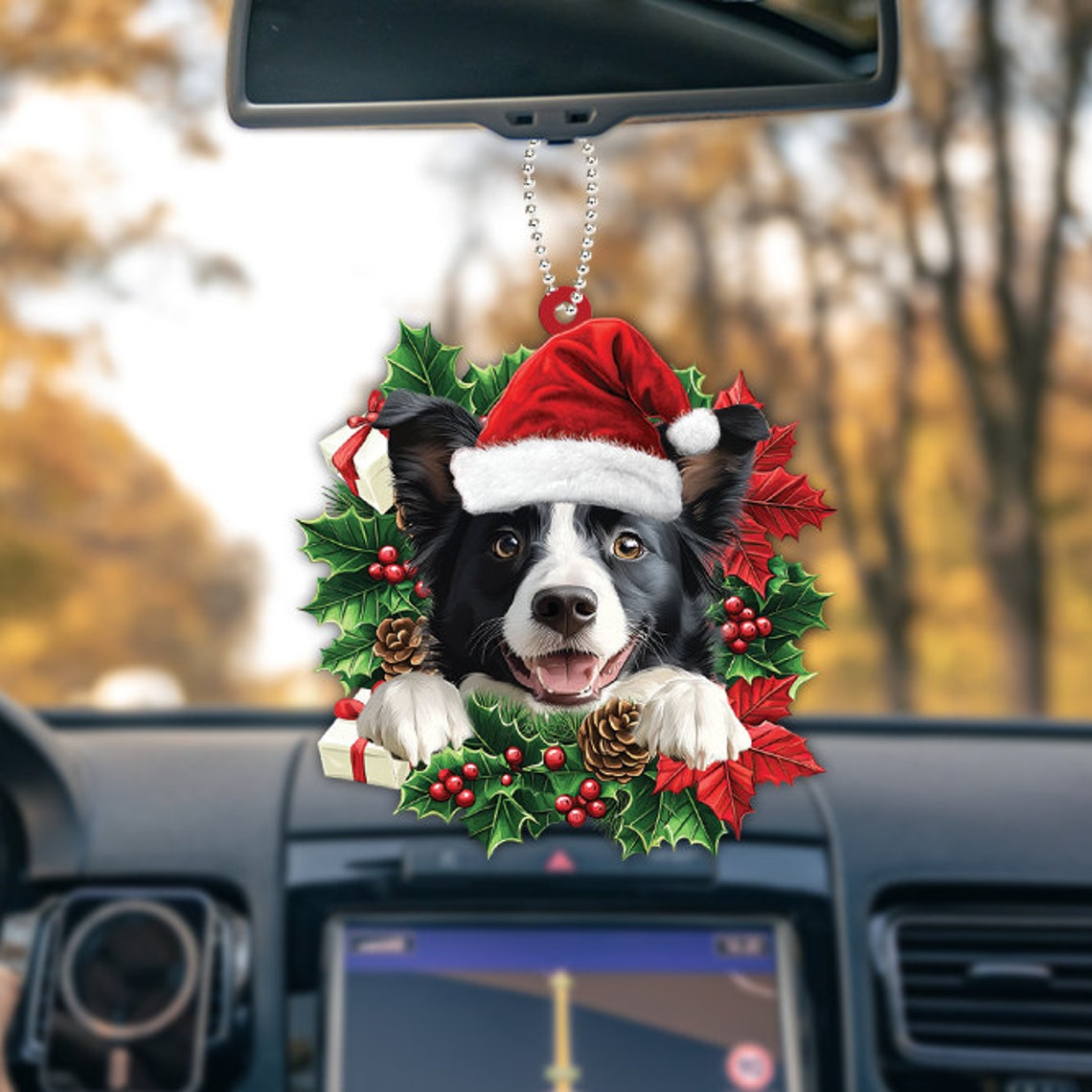 Border Collie Dog Christmas Wreath Ornament, Border Collie Dog Car Ornament Holiday Gift