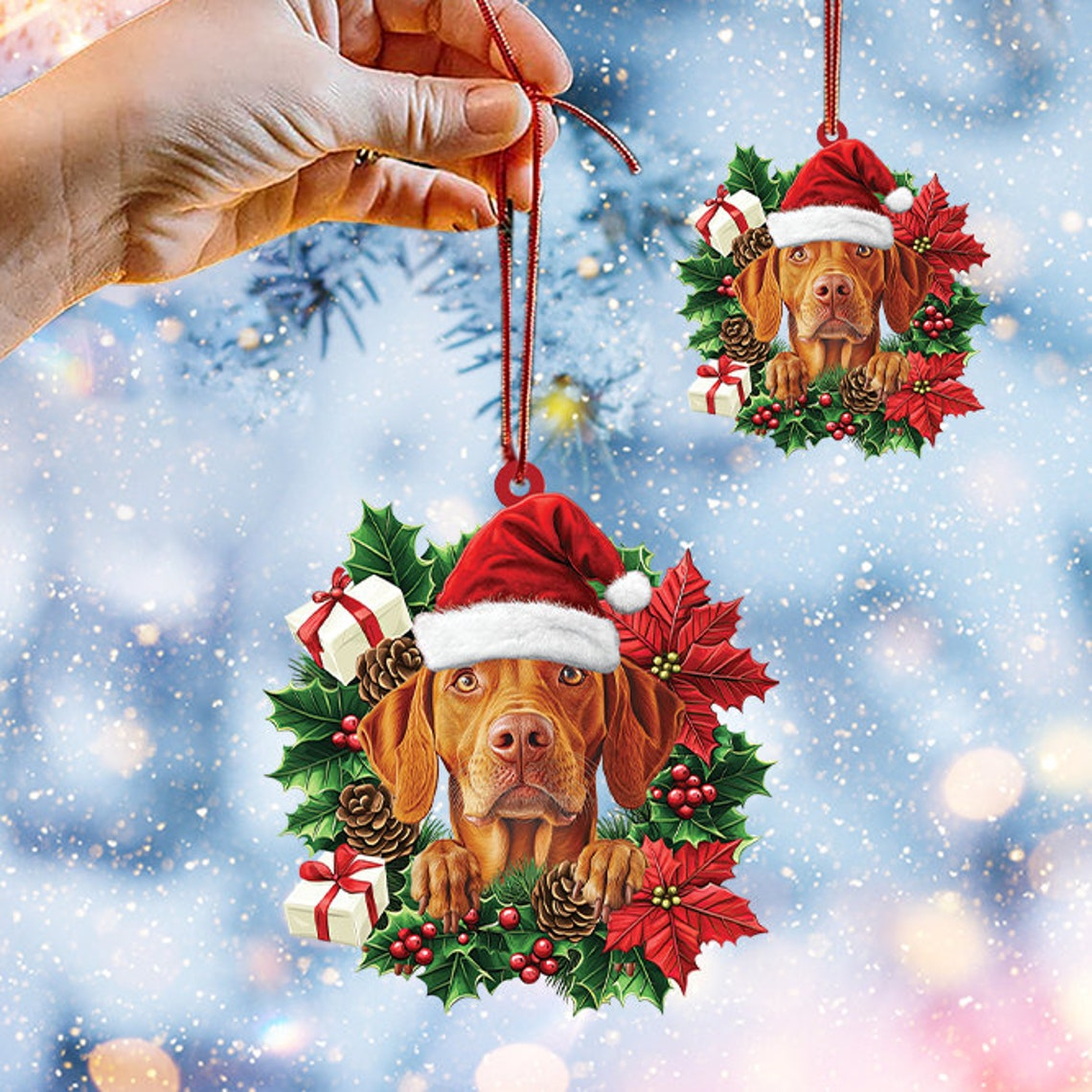 Vizsla Dog Hanging Christmas Wreath Ornament, Vizsla Dog Christmas Tree Ornament Decor