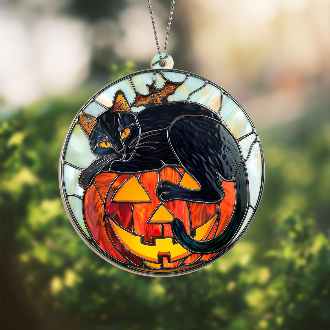 Cat and Bat on The Pumpkin Halloween Suncatcher, Cat Pumpkin Hanging Ornament