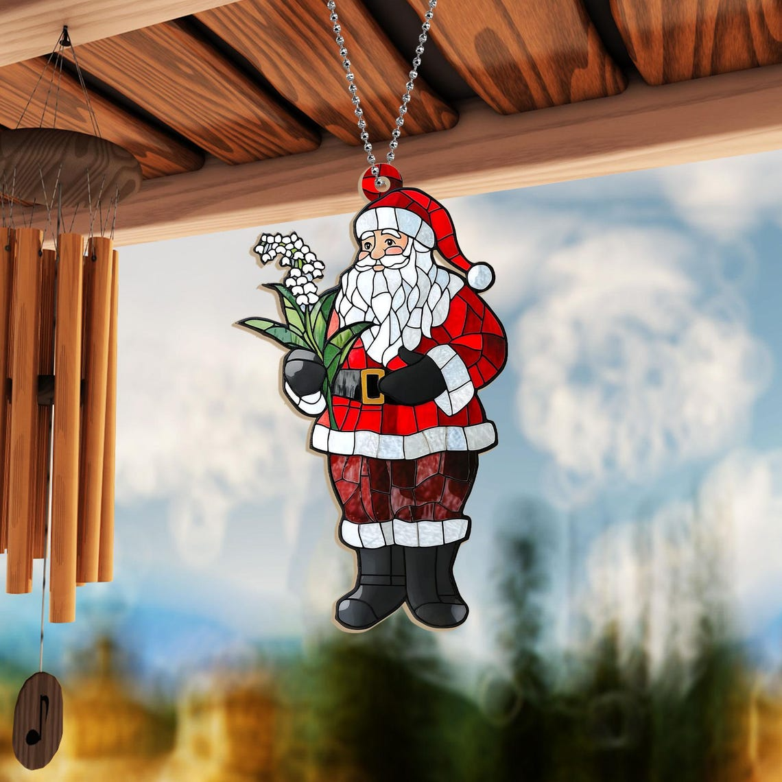 Santa Claus with Lily Of The Valley Suncatcher, Lily Of The Valley Suncatcher Ornament Gift